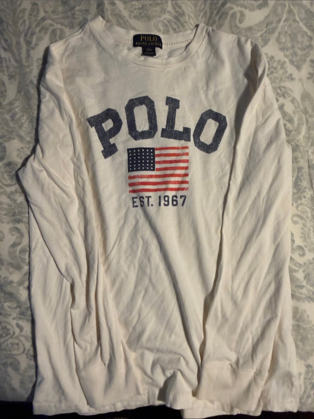 Polo by Ralph Lauren White Long Sleeve Tee with American Flag Graphic
